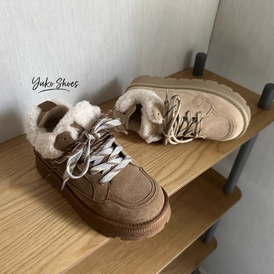 真皮加绒保暖棉鞋厚底系带休闲鞋