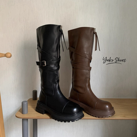 特！可狼可奶~秋冬美拉德长靴不过膝粗跟圆头前拉链皮带扣骑士靴