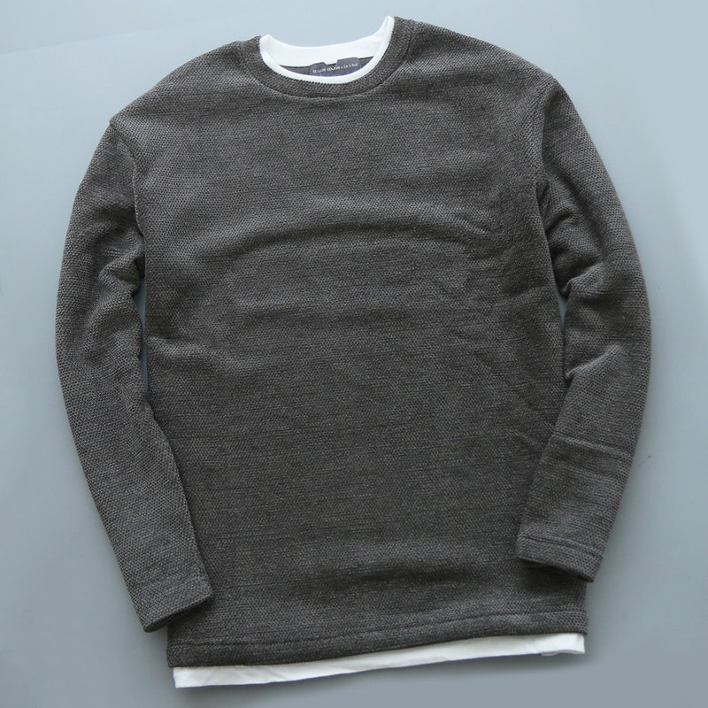 酷宝外贸 美式休闲华夫格假两件卫衣男冬加厚保暖宽松圆领套头衫