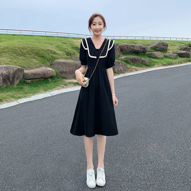 小个子高级感黑色连衣裙2025新款女泡泡袖气质收腰雪纺a字裙子夏