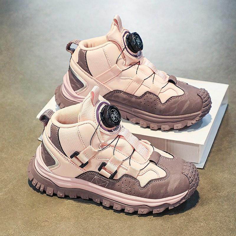 女童鞋春季2025新款皮面防水儿童运动鞋中大童旋转纽扣女孩老爹鞋