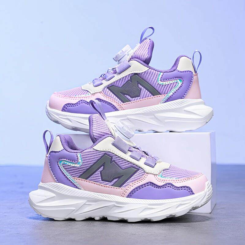 女童鞋春季2025新款儿童旋转纽扣运动鞋中大童网面透气女孩跑步鞋