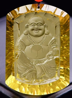 天然黄水晶弥勒佛吊坠黄水晶千禧面弥勒佛吊坠，尺寸56*40*14mm