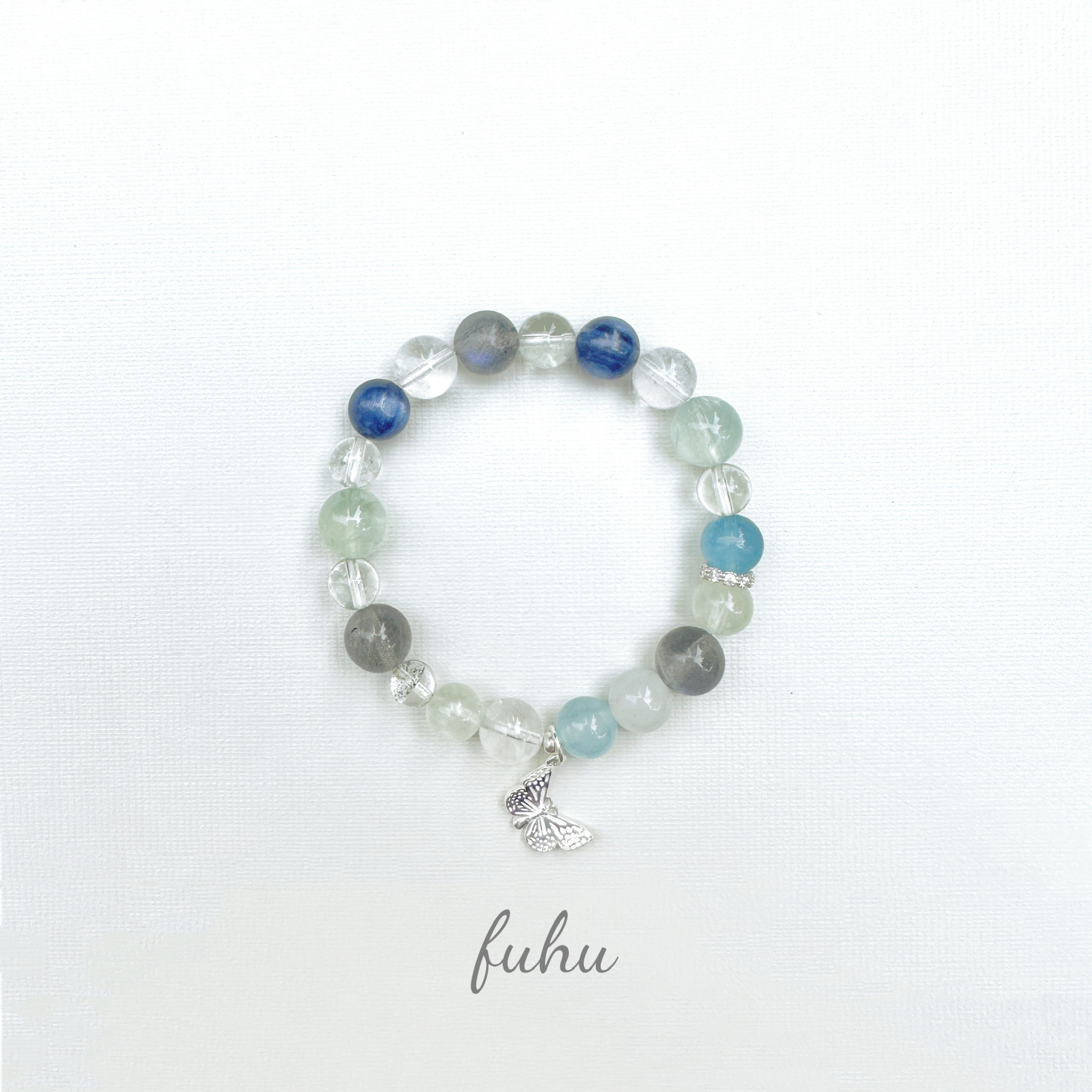 天然水晶手链蝴蝶纯银蓝晶石海蓝宝葡萄石灰月光手串喜补缺水木女