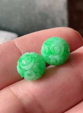 天然翡翠A货玉佩耳坠耳饰挂坠小吊坠项坠阳绿雕花圆珠一对100309