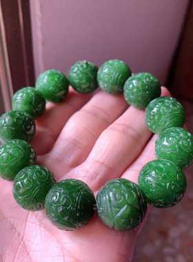 翠都翡翠珠宝男女款和田玉菠菜绿碧玉大珠雕花手串手链900295