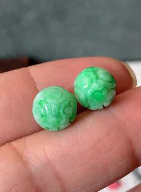 翠都翡翠珠宝天然A货玉佩挂坠小吊坠项坠阳绿雕花圆珠一对100311