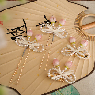 郁金香珍珠蝴蝶发夹小U钗丝带蝴蝶结侧边夹新中式盘发掩鬓发钗