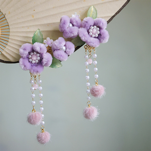 秋冬绒花毛球发夹古风汉服花朵超仙扭扭棒明制掩鬓边夹流苏步摇