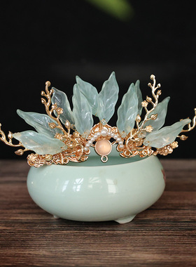 蓝色琉璃花瓣发冠头钗步摇长流苏簪子汉服头饰明制宋制头饰小钗