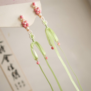 儿童春夏蝴蝶结流苏头饰掩鬓配饰妙妙汉服古风花朵绿色飘带发夹