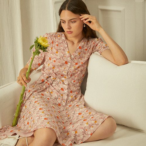 新款真丝中长款绑带碎花连衣裙