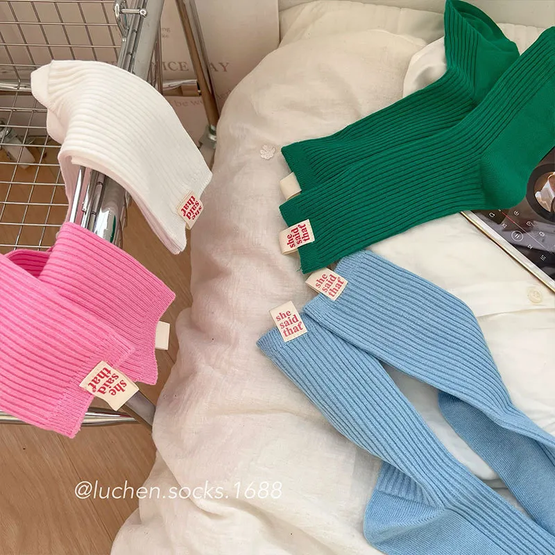 she said that"布标袜子女中筒袜秋季纯色ins潮韩版小众堆堆棉袜
