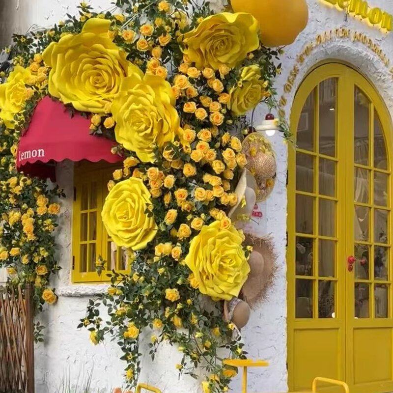 网红黄玫瑰假花仿真花装饰花藤条拱门打卡花墙背景墙院子软装用品