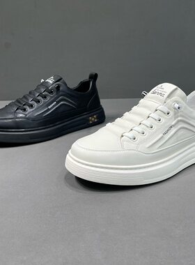 夏季男士牛皮透气免系带小白鞋