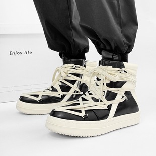 枫之时尚秋冬ro倒三角黑白拼色五芒星真皮个性另类男士潮流高帮鞋