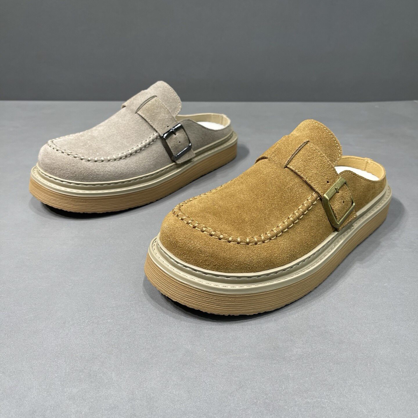 枫之时尚夏天一脚蹬大头鞋舒适透气复古搭扣真皮个性拖鞋男勃肯鞋