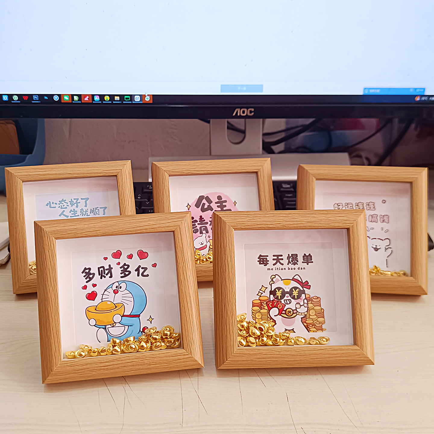 创意实木中空玻璃相框伴手礼桌面装饰办公室摆台正方形摆件