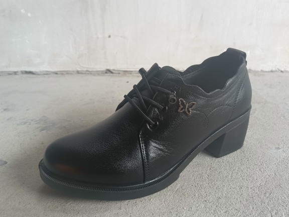 邦赛女鞋女士深口系带圆头粗跟单鞋真皮百搭高跟妈妈鞋