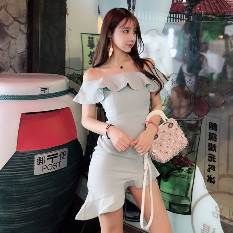 露肩荷叶边礼服修身包臀不规则鱼尾韩版名媛气质女装一字领连衣裙