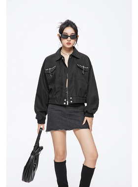 MUMU沐沐 2024柳丁设计短款秋装女外套辣妹接车翻领夹克上衣职场