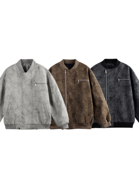 STUDIO ONE美式复古扎染PU皮飞行员夹克外套男女款宽松机车情侣