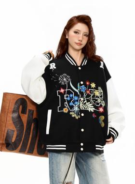 REAL SPACE万针花卉刺绣棒球衣外套国潮男女款中性风春秋拼色撞色