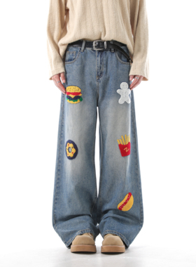 STUDIO ONE美式高街毛巾汉堡刺绣牛仔裤春秋男女款宽松嘻哈休闲