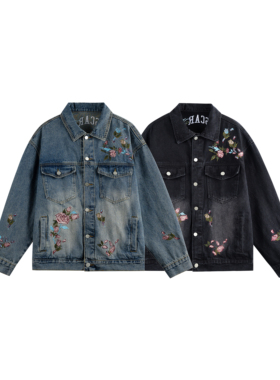 STUDIO ONE复古花卉刺绣牛仔外套春秋男女款宽松翻领上衣夹克高街