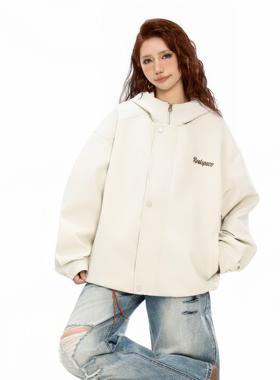 REAL SPACE海军领连帽皮夹克外套帽子可变海军领纯色春秋宽松慵懒