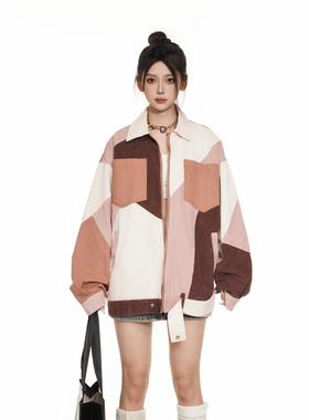 REAL SPACE美式多模块拼接撞色翻领夹克下摆隐形腰带春秋中性风