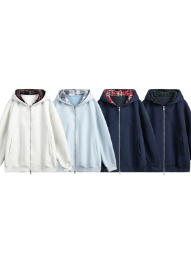 REAL SPACE美式重磅连帽格子休闲上衣外套春秋男女款宽松情侣运动