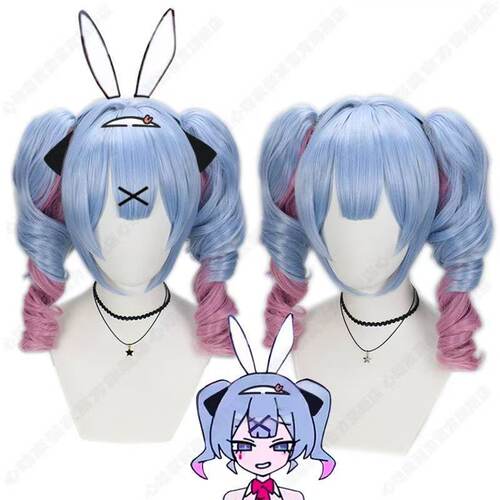 心动家 初音 兔子洞cos假发  蓝色渐变粉 虎口夹双马尾仿真头皮顶