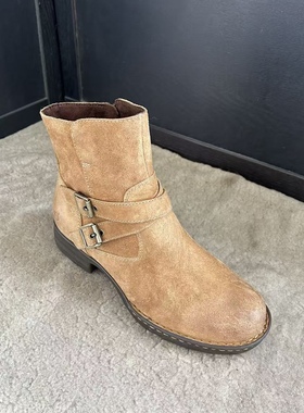 born头层牛皮时尚百搭双扣拌侧拉链女士短靴 8