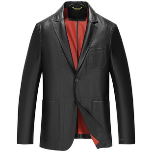 雪豹真皮皮衣男头层绵羊皮商务休闲时尚轻奢中长款西装领皮衣外套