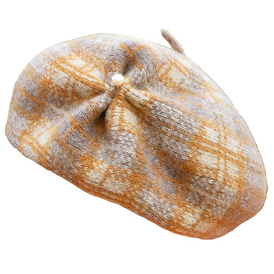 英伦格纹宽松南瓜帽秋冬女贝雷帽