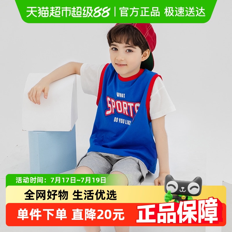 短袖纯棉假两件运动风童装包邮