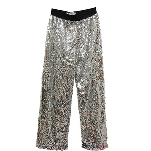 BlingBling银色亮闪闪亮片下装松紧腰直筒休闲长裤阔腿九分裤子女