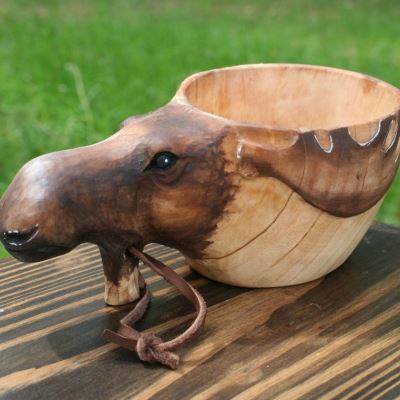 促销现货Kuksa Hand Carved WoodenMug北欧创意kuksa动物橡胶木质