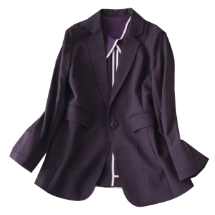 定制染色系绛紫色贵气优雅西装春夏新品薄款毛+亚麻七分袖外套女