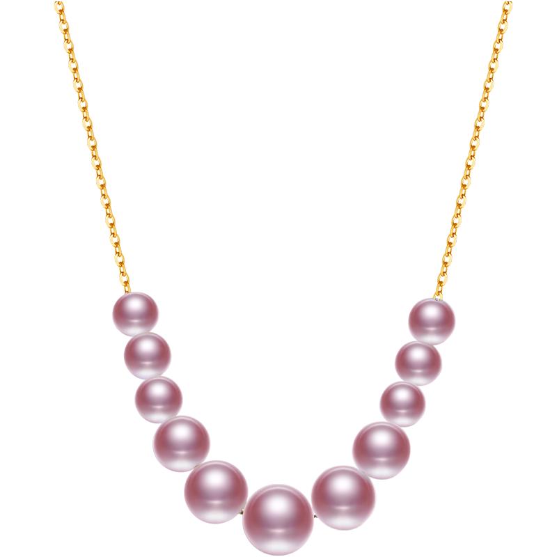 黛米珠宝星落 4-8mm正圆粉紫色淡水珍珠项链18K金锁骨颈链吊坠女