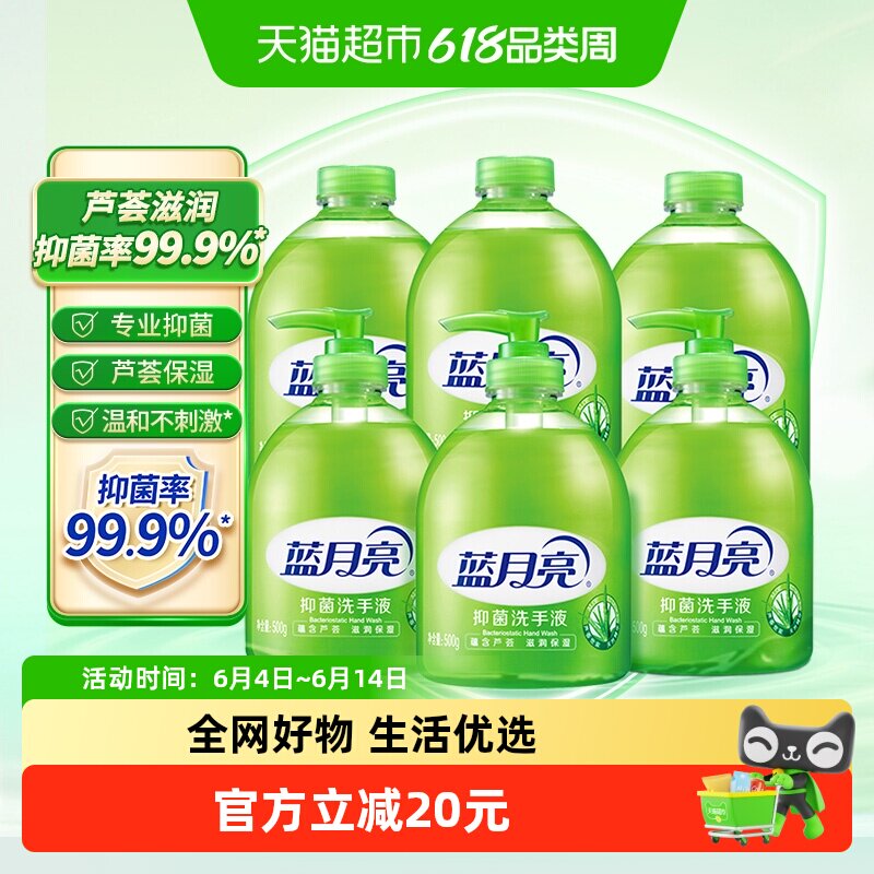 蓝月亮芦荟抑菌洗手液家用滋润瓶装500g*6瓶温和不伤手套装