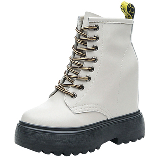 白色内增高马丁靴女10cm冬季加绒2026新款真皮女鞋英伦小个子短靴