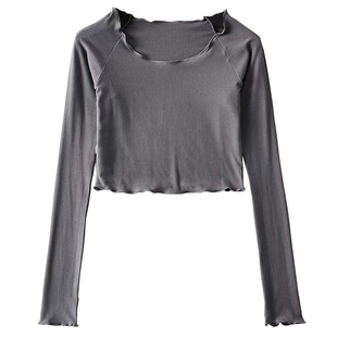 BERAN 复古可爱圆领基础款百搭高腰短款露脐木耳边长袖打底衫上衣