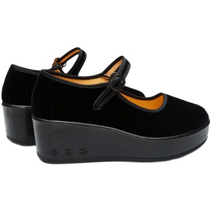 新款老北京布鞋女鞋坡跟单鞋广场舞蹈鞋防滑厚底黑布鞋高跟工作鞋