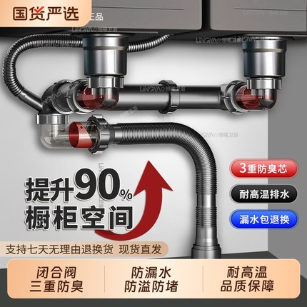 厨房下水管排水管配件洗菜盆单双水槽防臭下水器全套装双槽管道