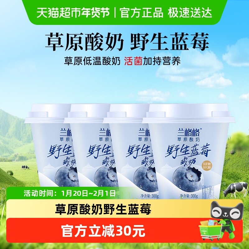 【下拉页领优惠】内蒙古兰格格无蔗糖蓝莓酸奶300g*4瓶,咖啡/麦片/冲饮,低温酸奶,淘宝优惠券,粉丝福利购,淘宝优惠卷
