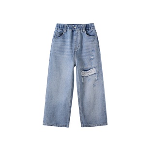 植木童装 男童牛仔裤破洞儿童裤子2025新款秋季 中大童直筒裤潮酷