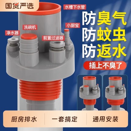 厨房下水管防返臭神器下水道三头通集成密封塞洗菜盆排水洗衣机