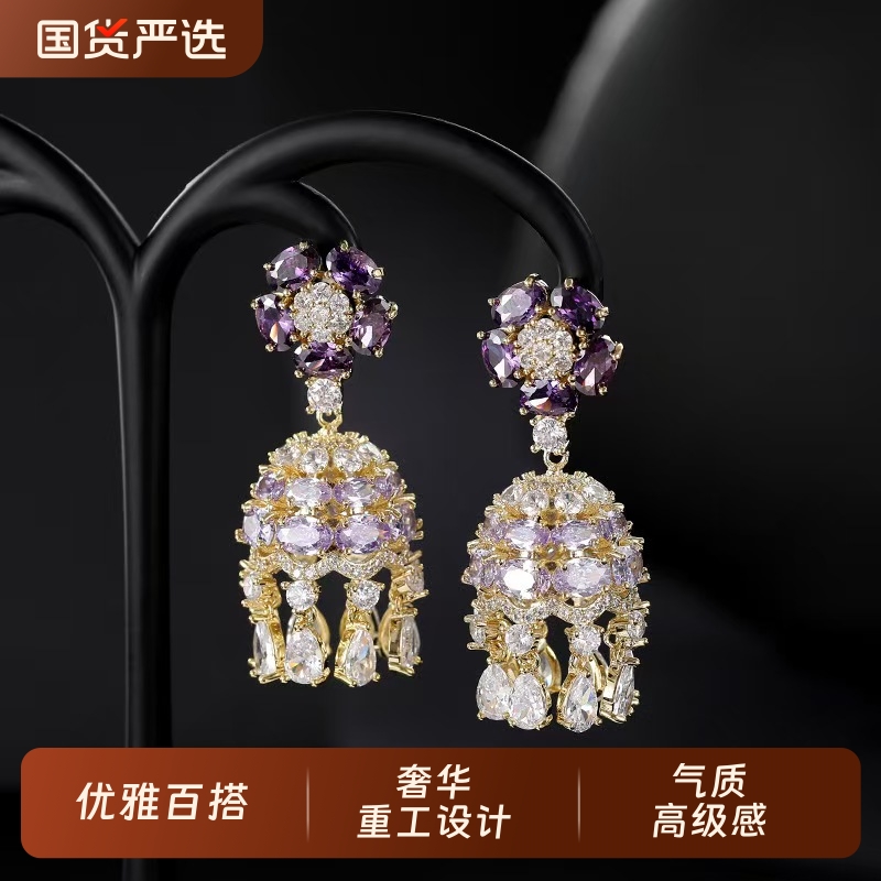 重工微镶彩色锆石风铃耳钉女S925银针立体花瓣圆脸显瘦耳环耳饰品